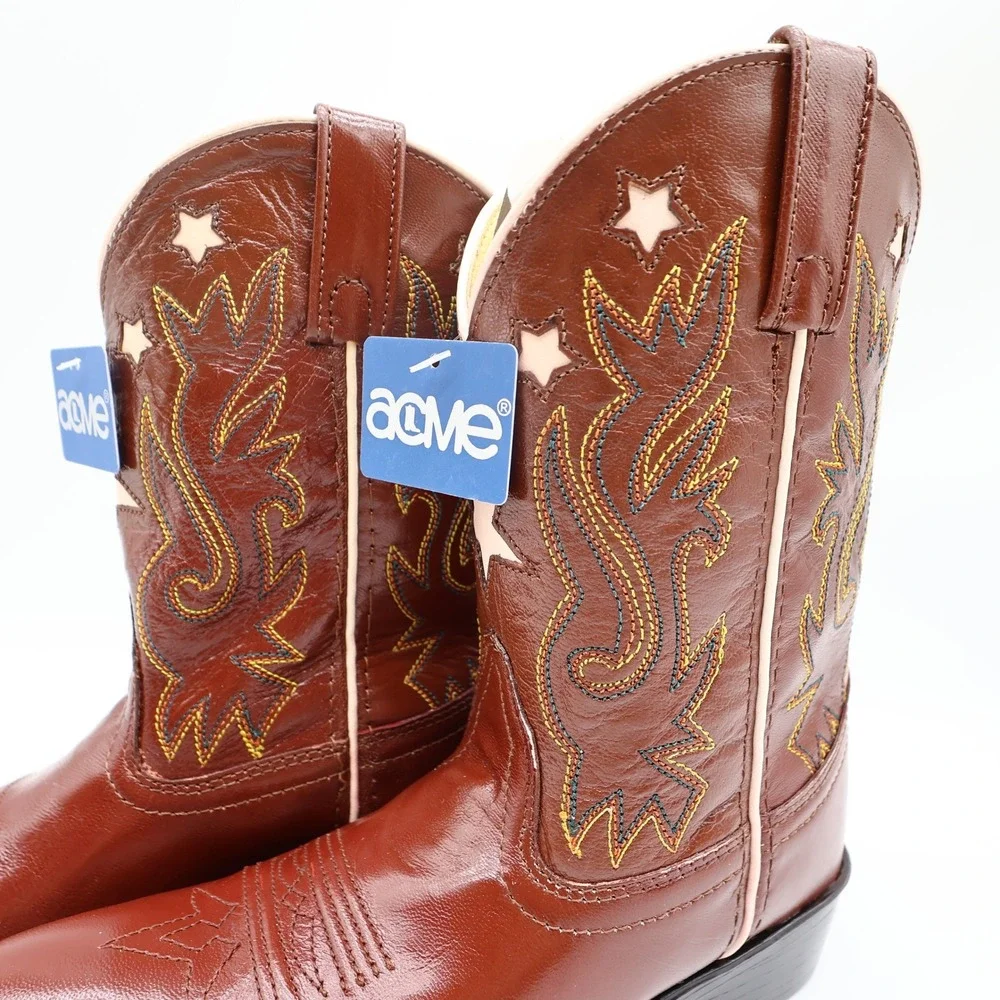 Acme Vintage Style Western Boots Kids 3 Brown Leather NWT AC146 Star Inlay